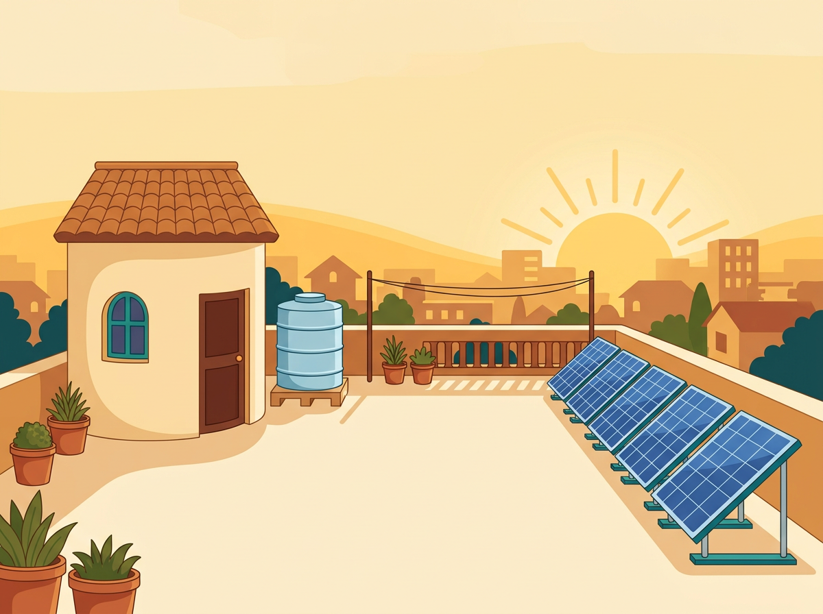 Illustration of an Indian rooftop with solar panels under a rising sun